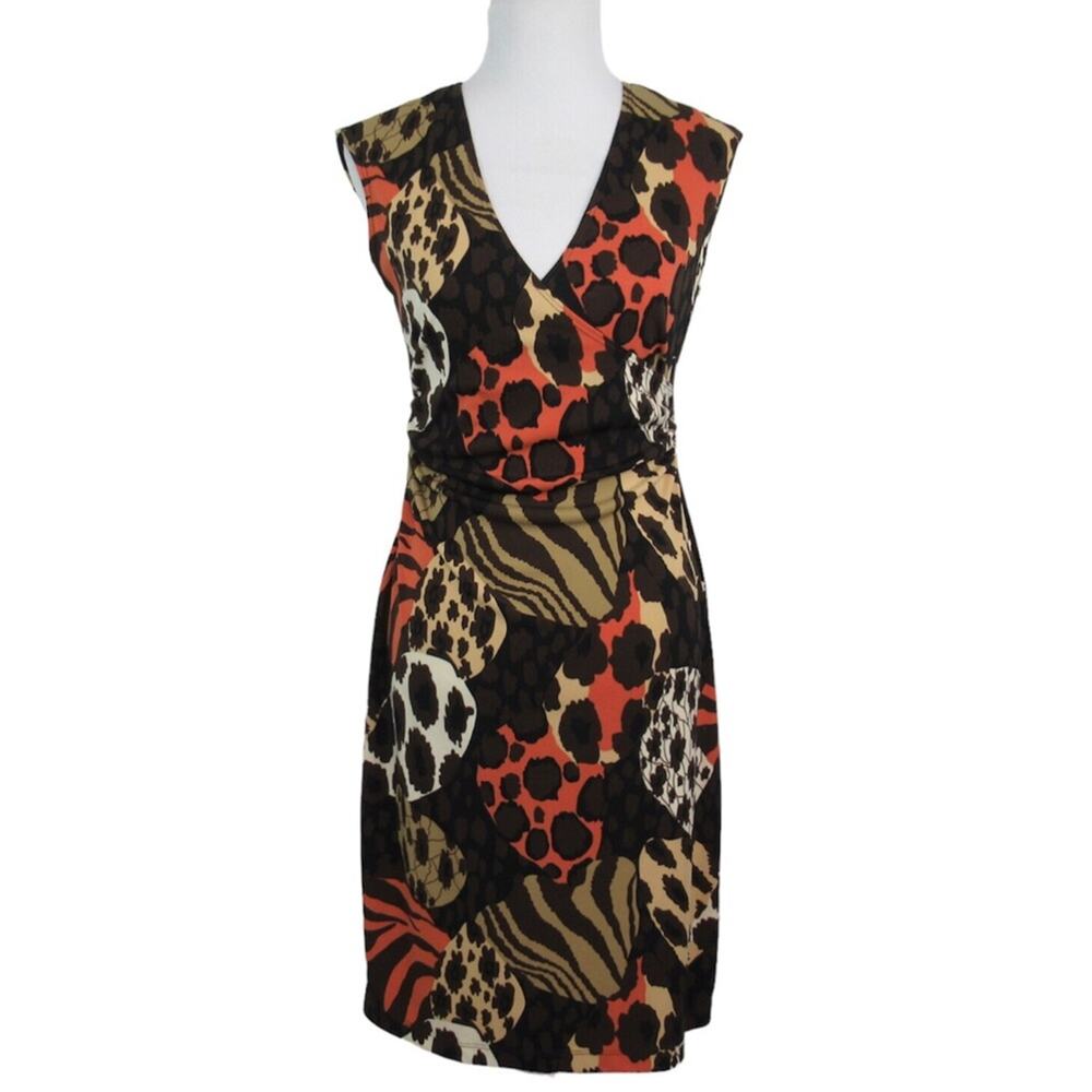 BCBG PARIS Faux-Wrap Surplice Sheath Dress Sleeveless Mixed Animal Print Size PM